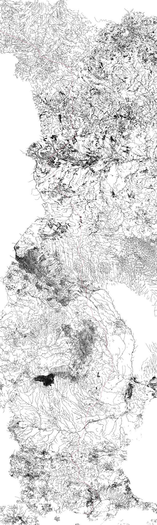 Plot of the rivers along the E85 from Greece to the Baltic Sea, with the road in red