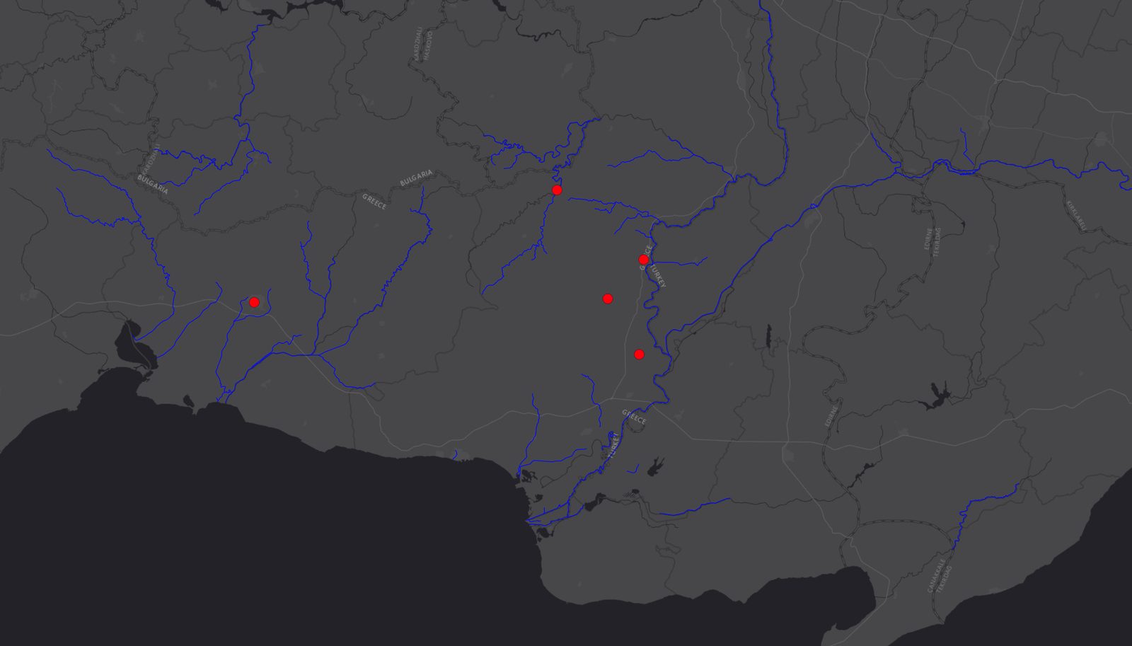 Dark map of Western Thrace with its rivers in blue and the five recording places marked in red
